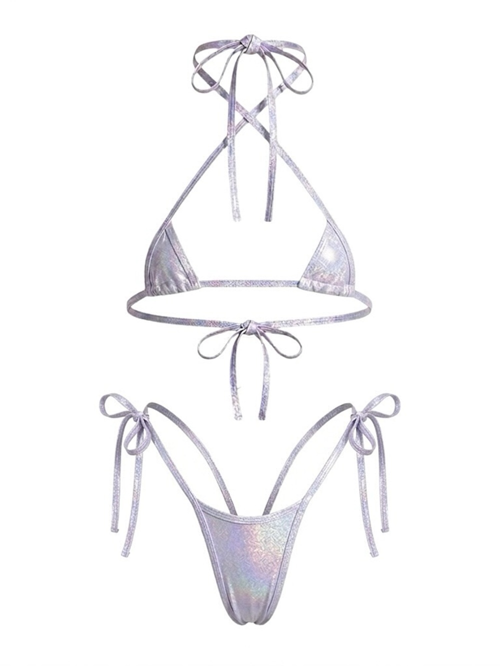 White Holographic Micro G String Side Tie Thong Bikini Set | Exotic Dancewear